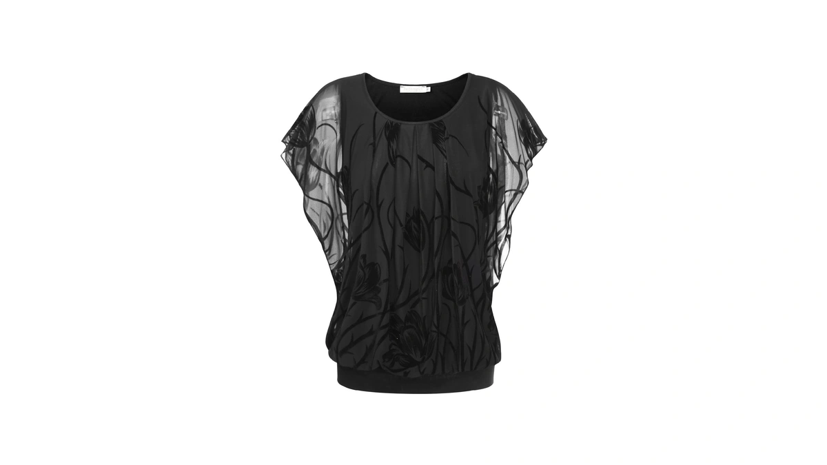 Baishenggt Women's Floral Flared Short Sleeve Mesh Blouse Top Medium