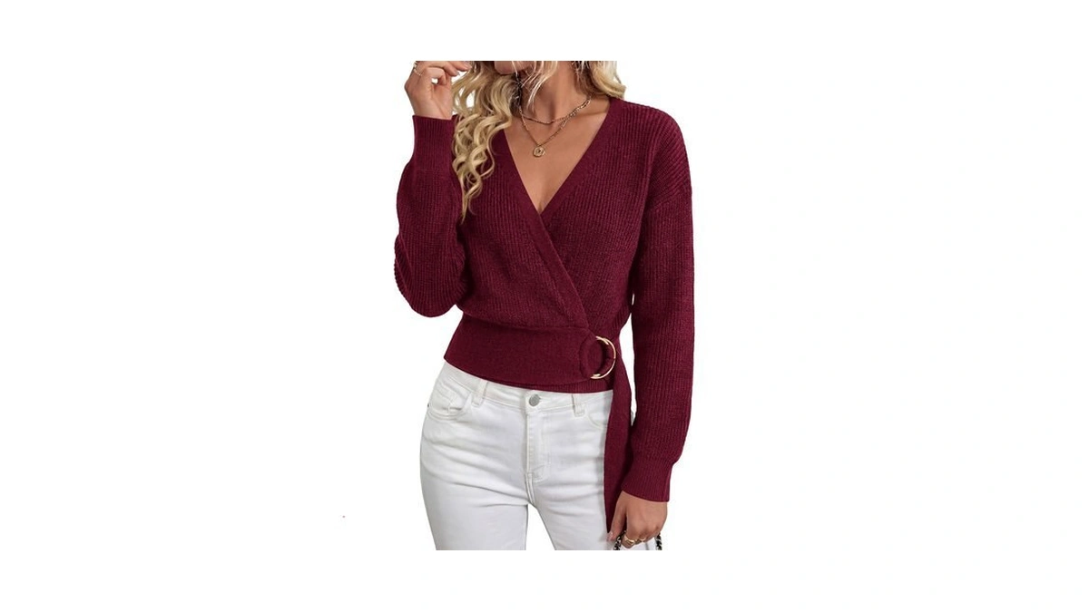 Prettygarden Womens Long Sleeve Wrap V Neck Belted Sweater,burgundy,m