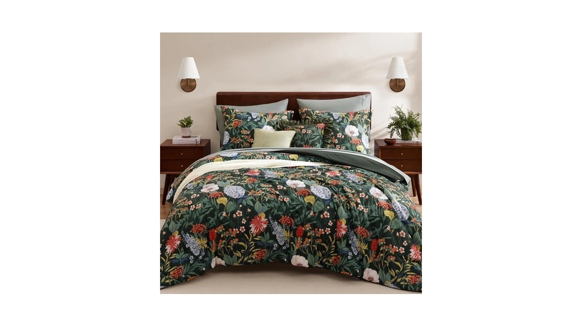 Wrensonge Queen Comforter Set-7 Pieces Green Botanical Floral Bedding, Flowers