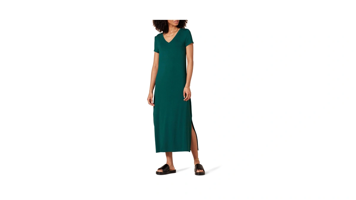 Amazon Essentials Women's Regular Fit V-neck Short Sleeve Midi Length
