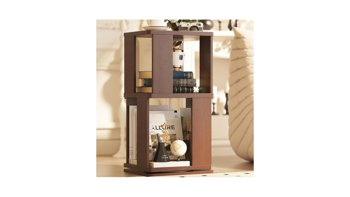 Easyego 2 Tier Solid Wood Rotating Bookshelf, 360° Upgrade Spinning