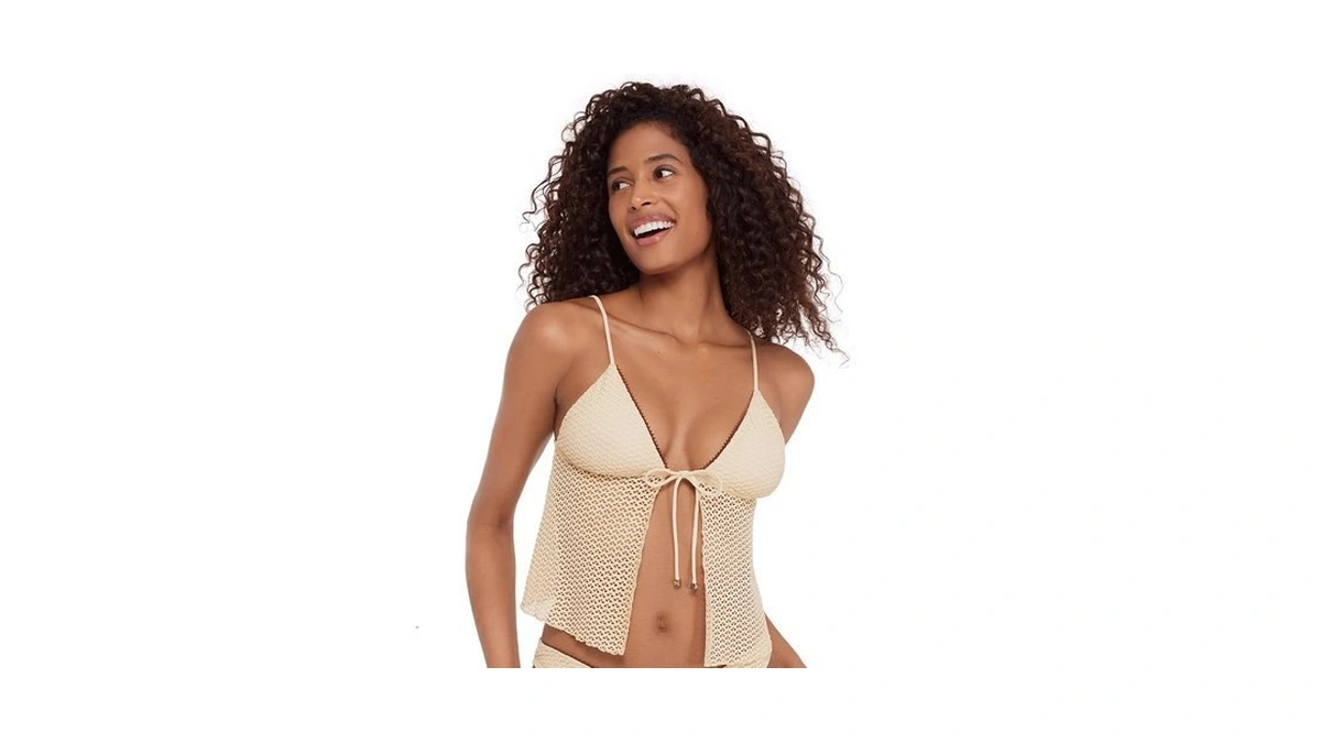 Steve Madden Womens Tie Front Crop Swim Tankini Top, Pearl
