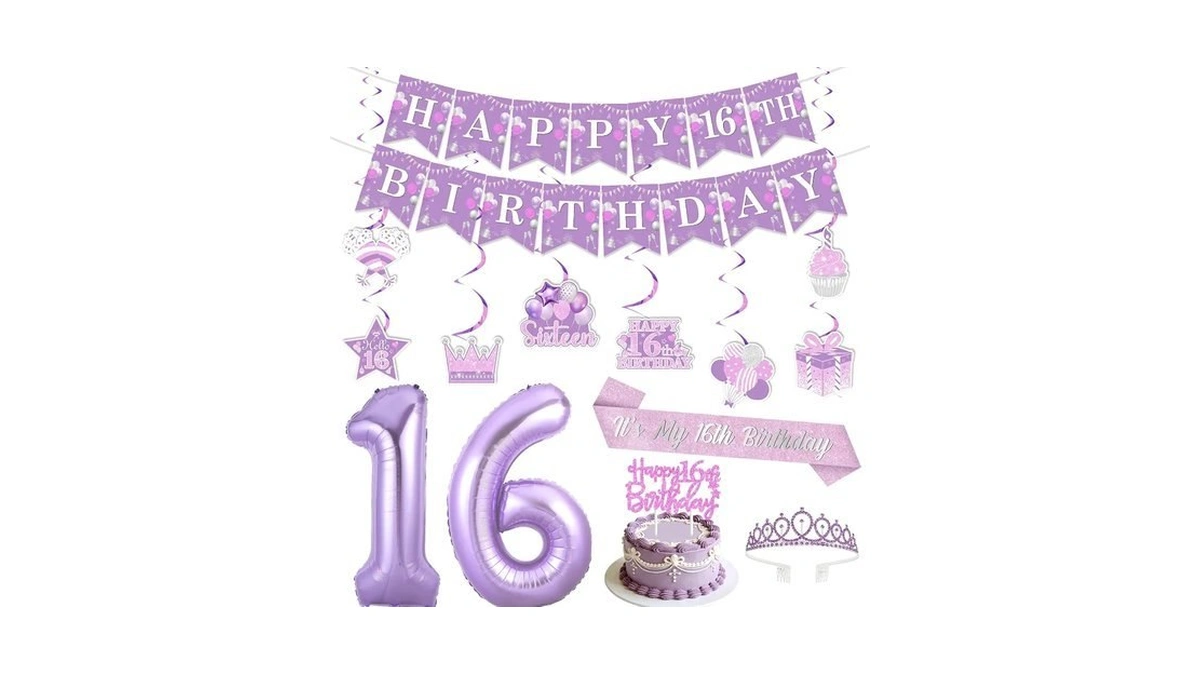 Shadoamp Purple 16th Birthday Decorations For Women, Banner, Hanging Swirls,