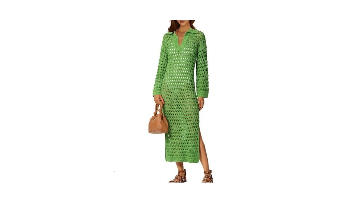 Saodimallsu Womens Crochet Swimsuit Cover Up V Neck Collared Long