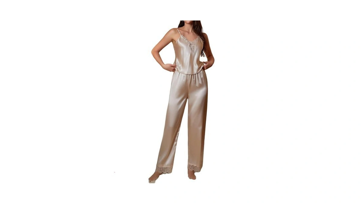 Oyoangle Women's 2 Piece Satin Silky Lace Pajama Set Champagne