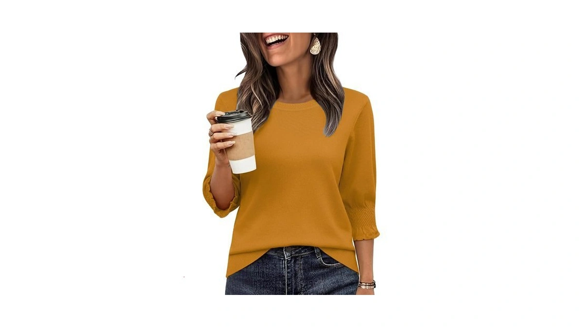 Totatuit Womens 3/4 Length Sleeve Crew Neck Sweaters Golden Yellow