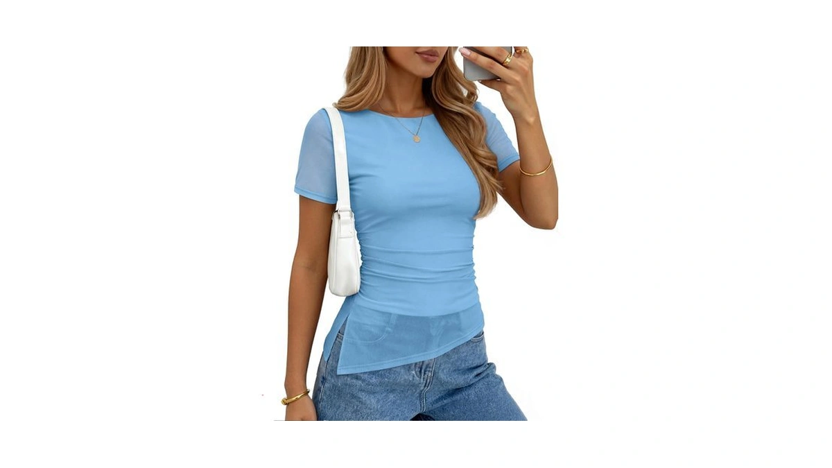 Zesica Women's Summer Mesh Floral Short Sleeve Fitted Tops Blue