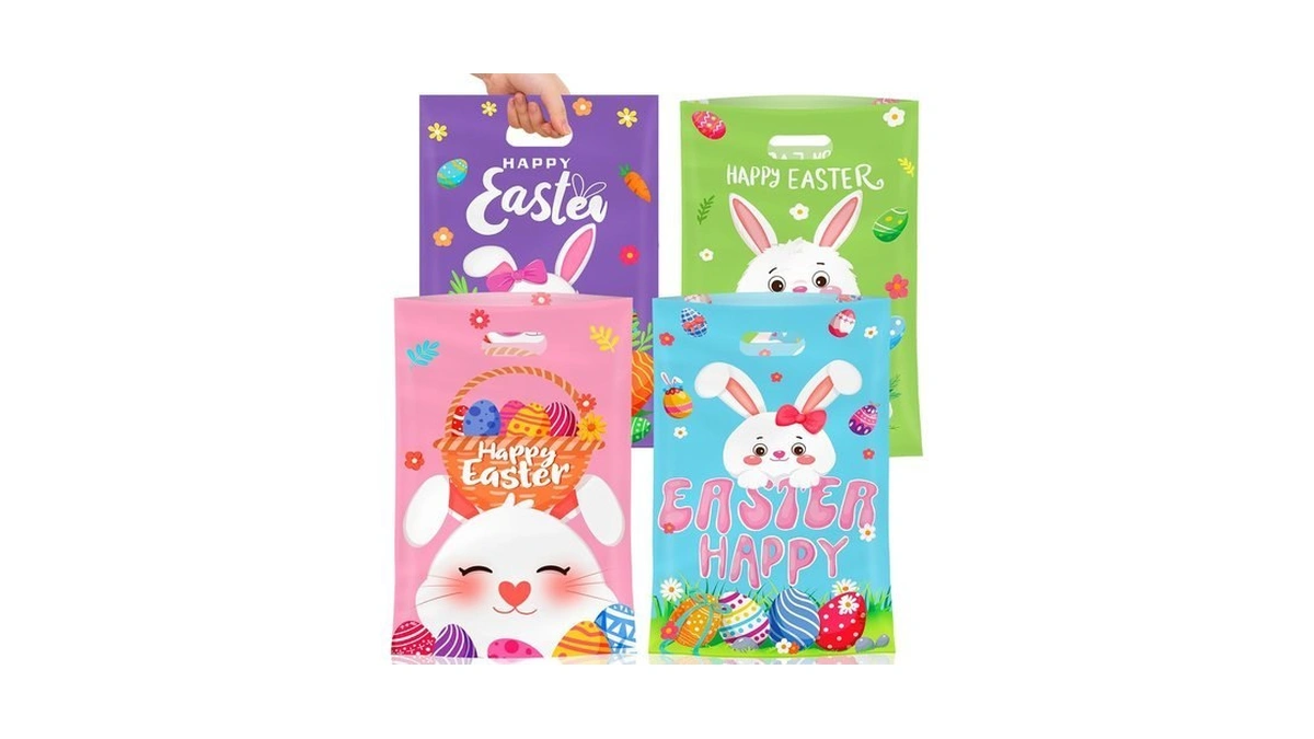Litmitfu 50 Pcs Easter Gift Bags With Handles, Plastic Happy