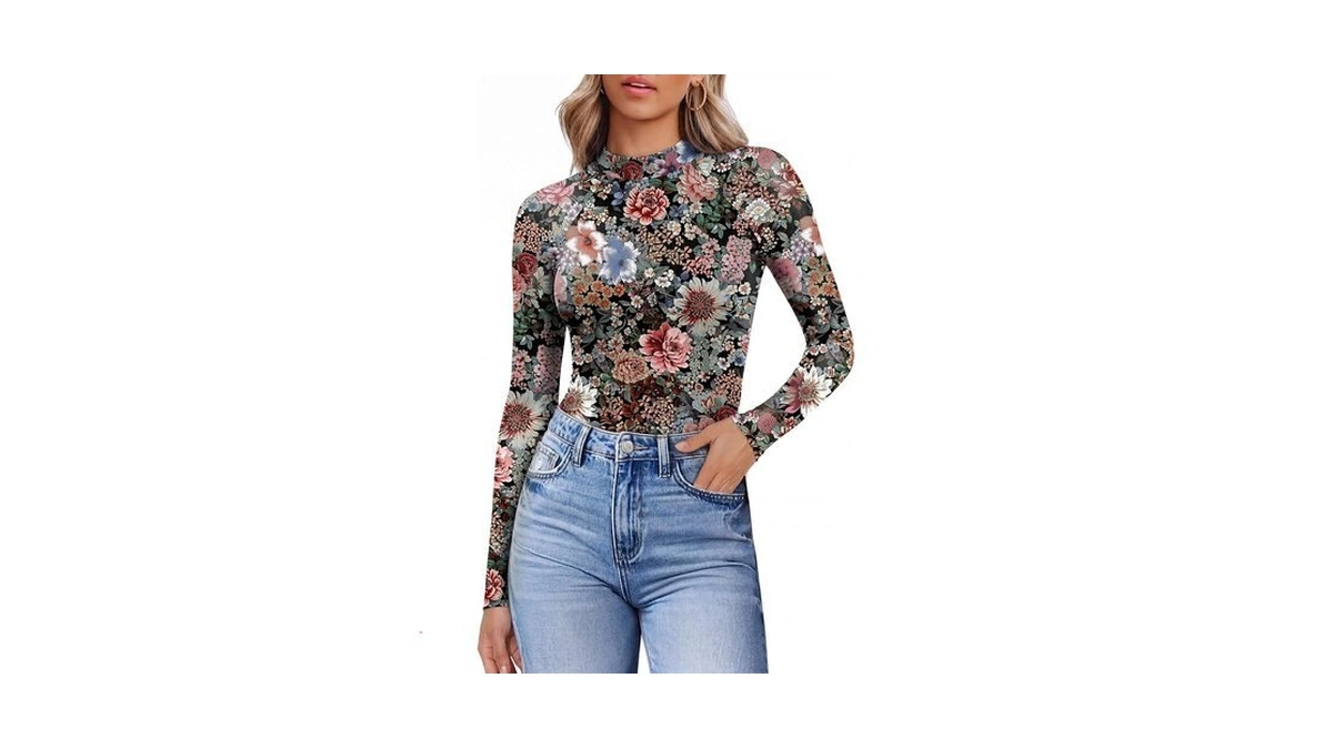 Women Mesh Long Sleeve Tops Lace Mock Turtleneck Shirts Fitted