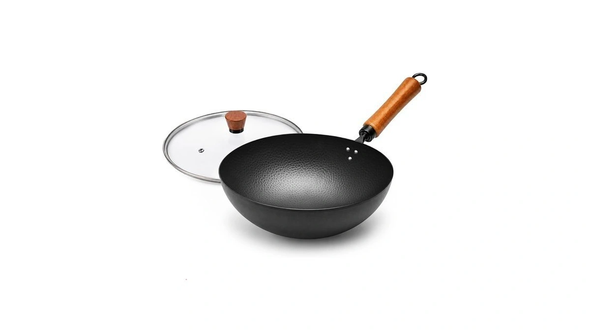 Vividcookware 11" Round Bottom Carbon Steel Wok With Glass Lid,