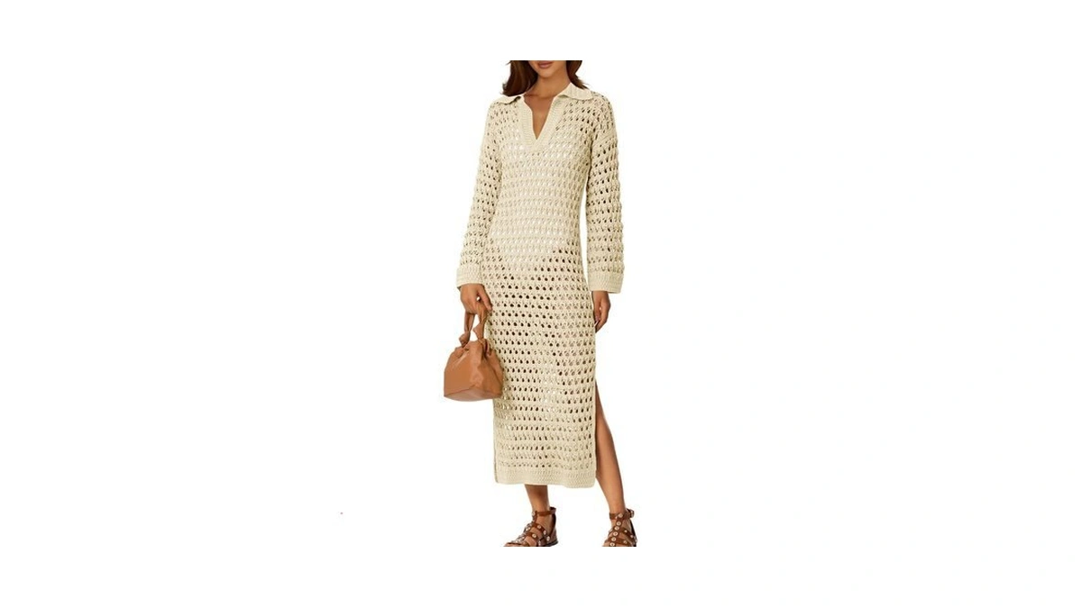 Saodimallsu Womens Crochet Swimsuit Cover Up V Neck Collared Long