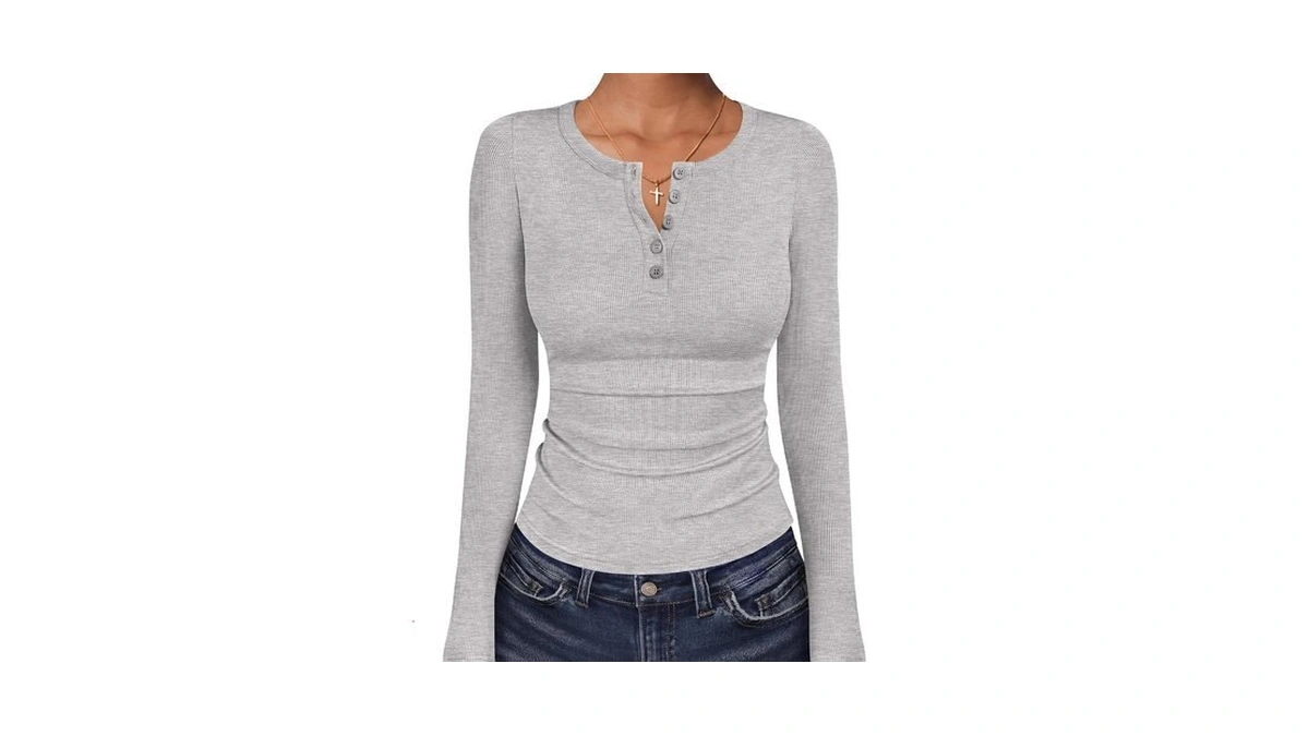 Anrabess Women's Long Sleeve Shirts Fall Henley Tops,grey,xl