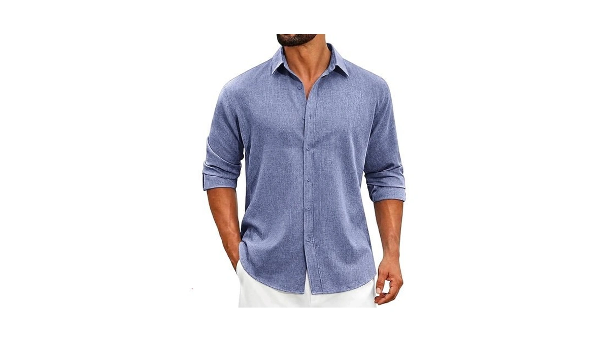 Men's Long Sleeve Button Up Linen Shirt For Wedding Guest