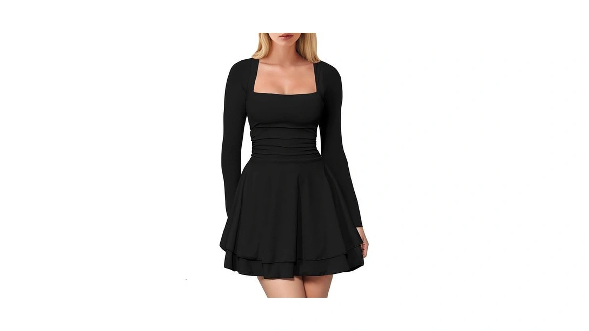 Women Bodycon Mini Dress, Square Neck Long Sleeve Stretchy Dress