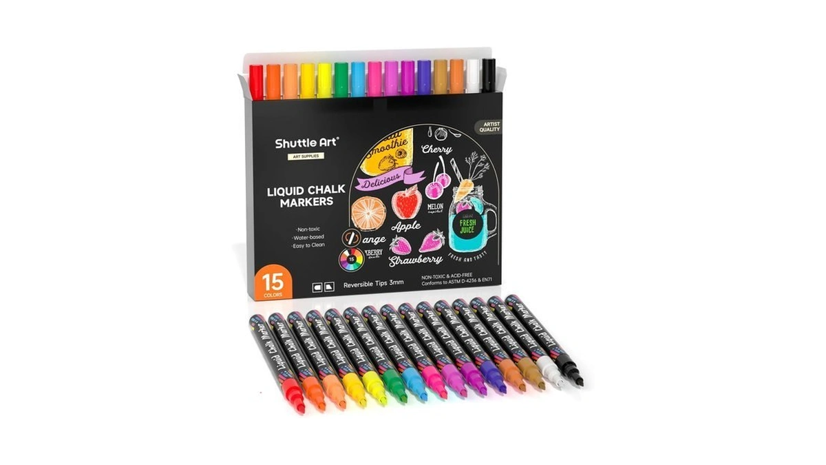 Shuttle Art Chalk Markers, 15 Colors, Reversible 3mm Fine Tip