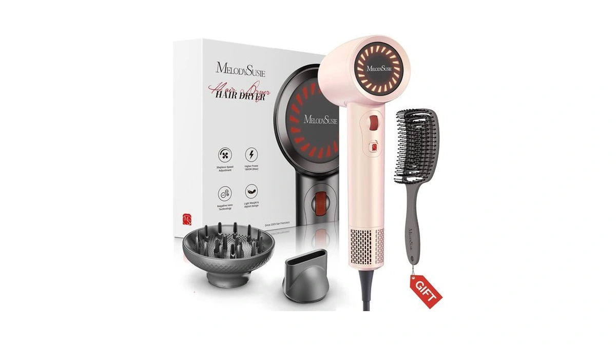 Melodysusie Hair Dryer With Diffuser,1600w Fast Drying Low Noise Ionic