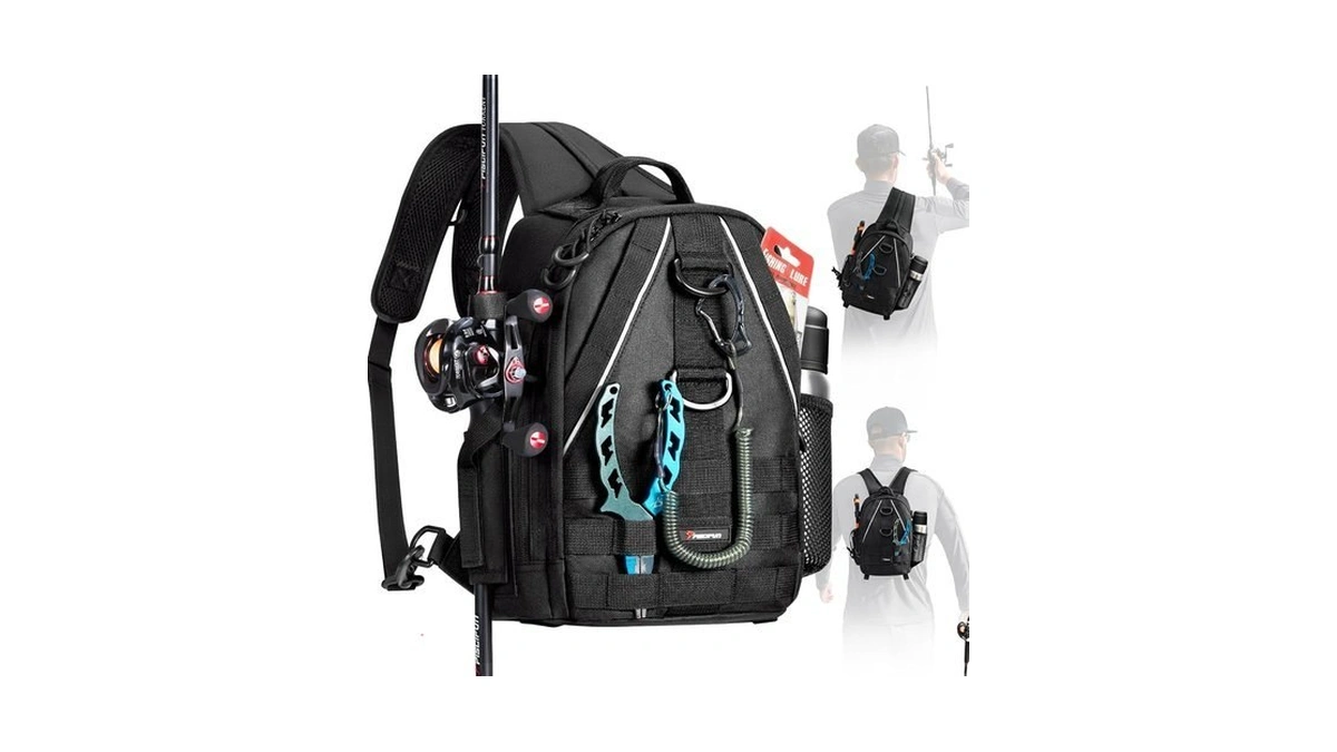Piscifun Fishing Backpack, Rod Holders, Lightweight Sling Bag, Black