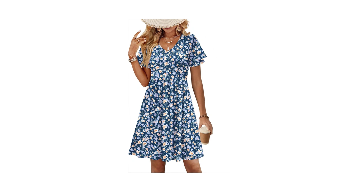 Zeagoo Women Neck Swing Ruffle Short Sleeve C...