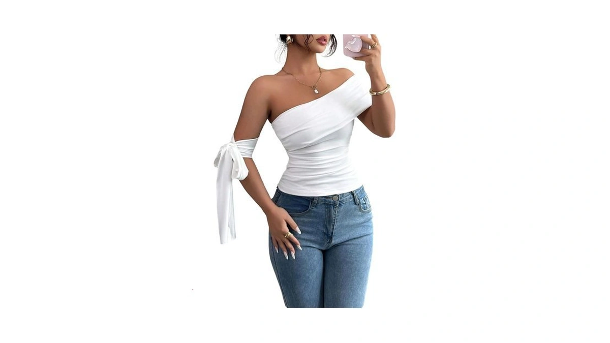 Roseseek Women's Elegant Off Shoulder Tops Tie Sleeve Slim Fit