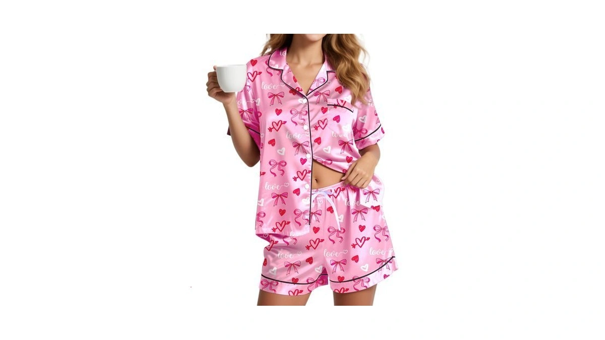 Kallenorox Women's Silky Valentines Pajama Sets Short Sleeve Satin Sleepwear