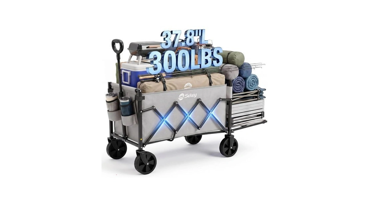Sekey Collapsible Wagon Cart With Drop-down Tailgate, 300 Lb Capacity