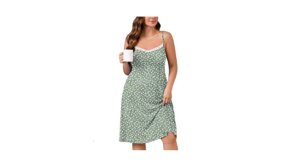 Auslook Plus Size Women's Nightgown Daisy Green 1x Spaghetti Strap