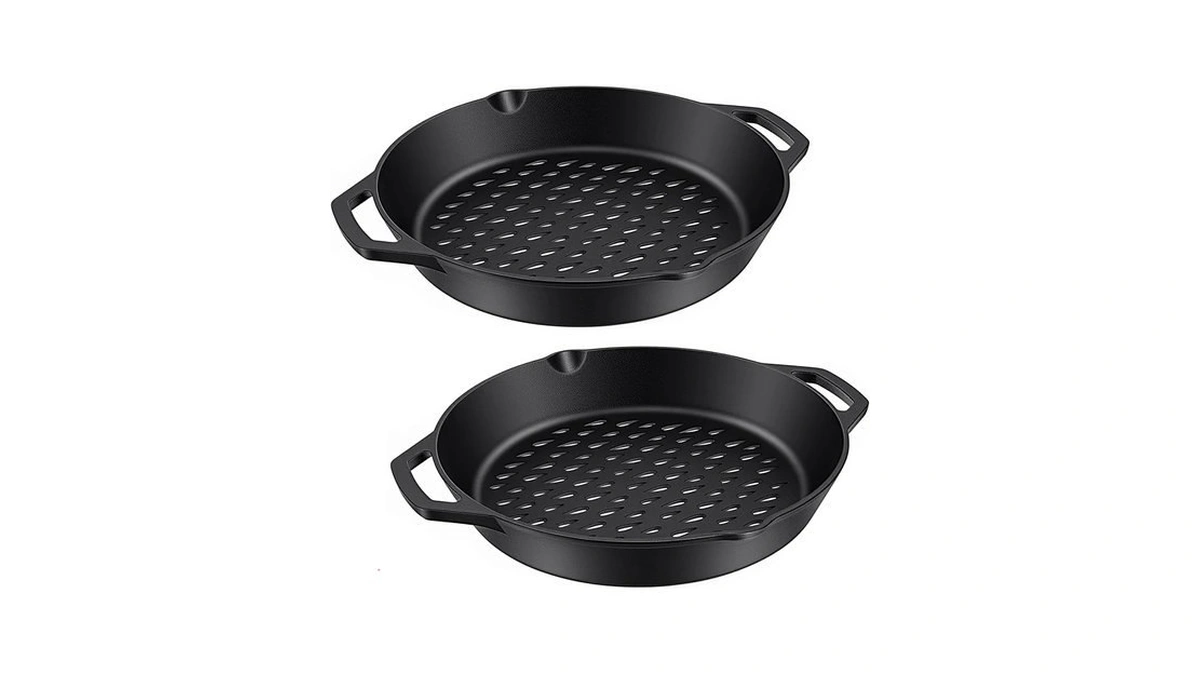 Lemonroad 2 Pcs Cast Iron Grilling Pan With Holes Round