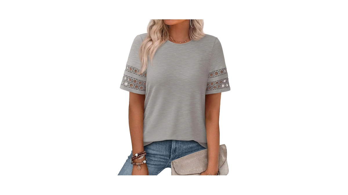 Prettygarden Women's Summer Short Sleeve Lace Trim T-shirts,grey,m