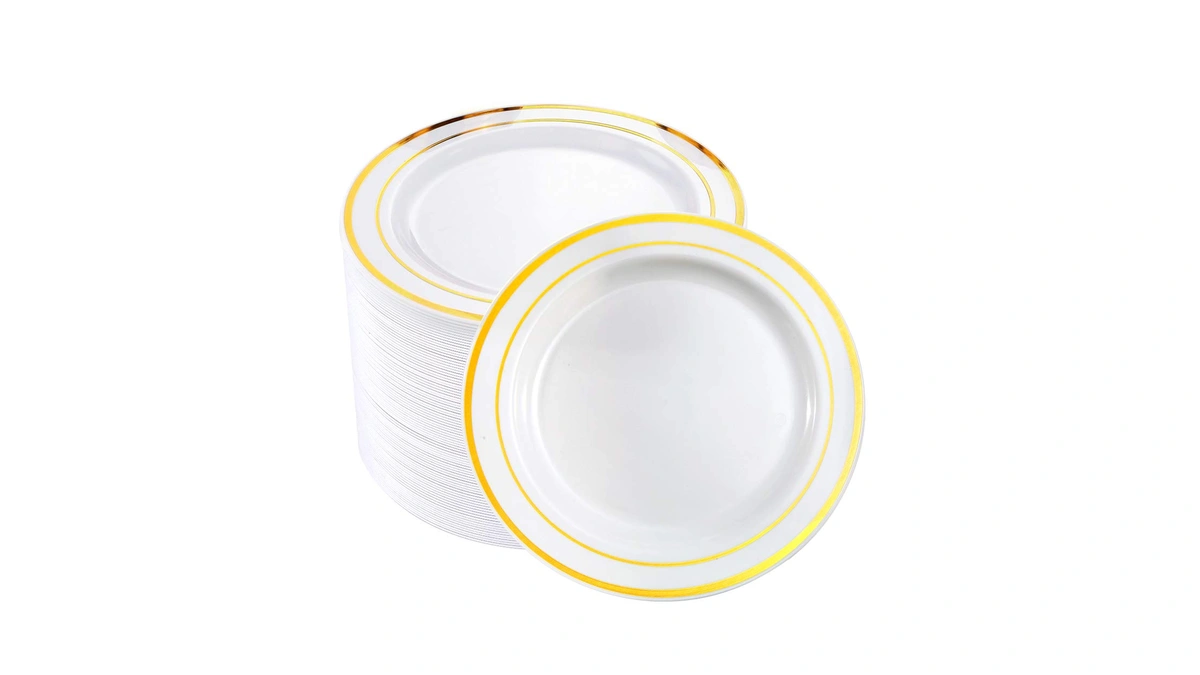 Bucla 100pieces Gold Plastic Plates -7.5inch White And Gold Disposable