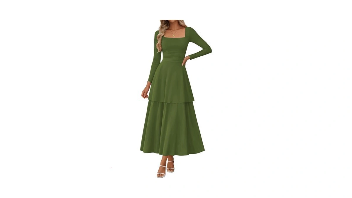 Lazysmile Women's Corset Long Sleeve Square Neck Ruffle Maxi Dresses