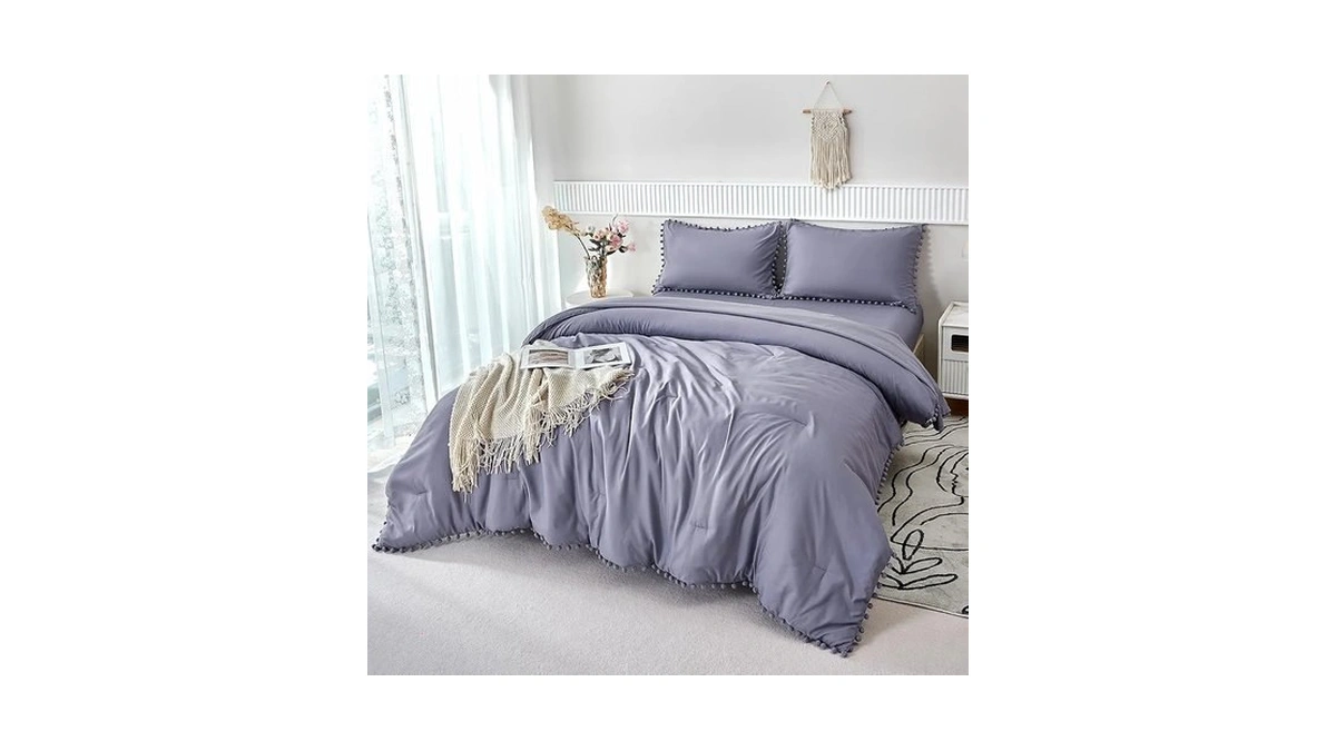 Perfemet 5-piece Grayish Purple Pom Pom Comforter Full Aesthetic Lavender