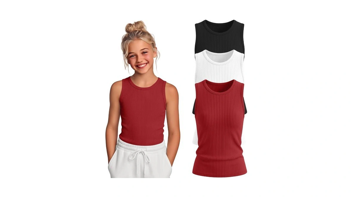 Lessonzoo 3 Pack Girls Ribbed Tank Tops, 3-color, 11-12 Years