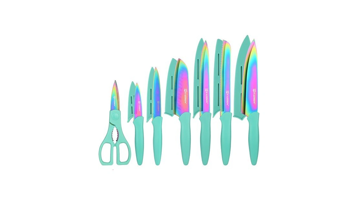 Katisun Kitchen Knife Set, Rainbow Titanium And 6 Blade Guards,