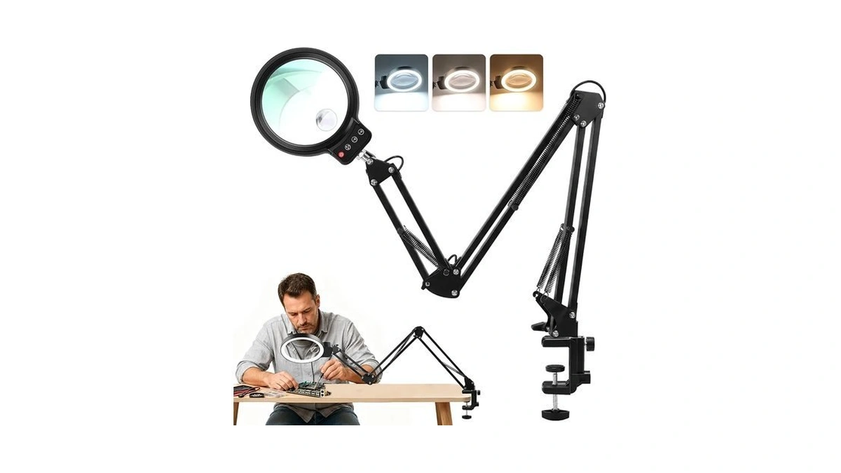 12x 30x Magnifying Glass With Light And Clamp,3 Section Swing