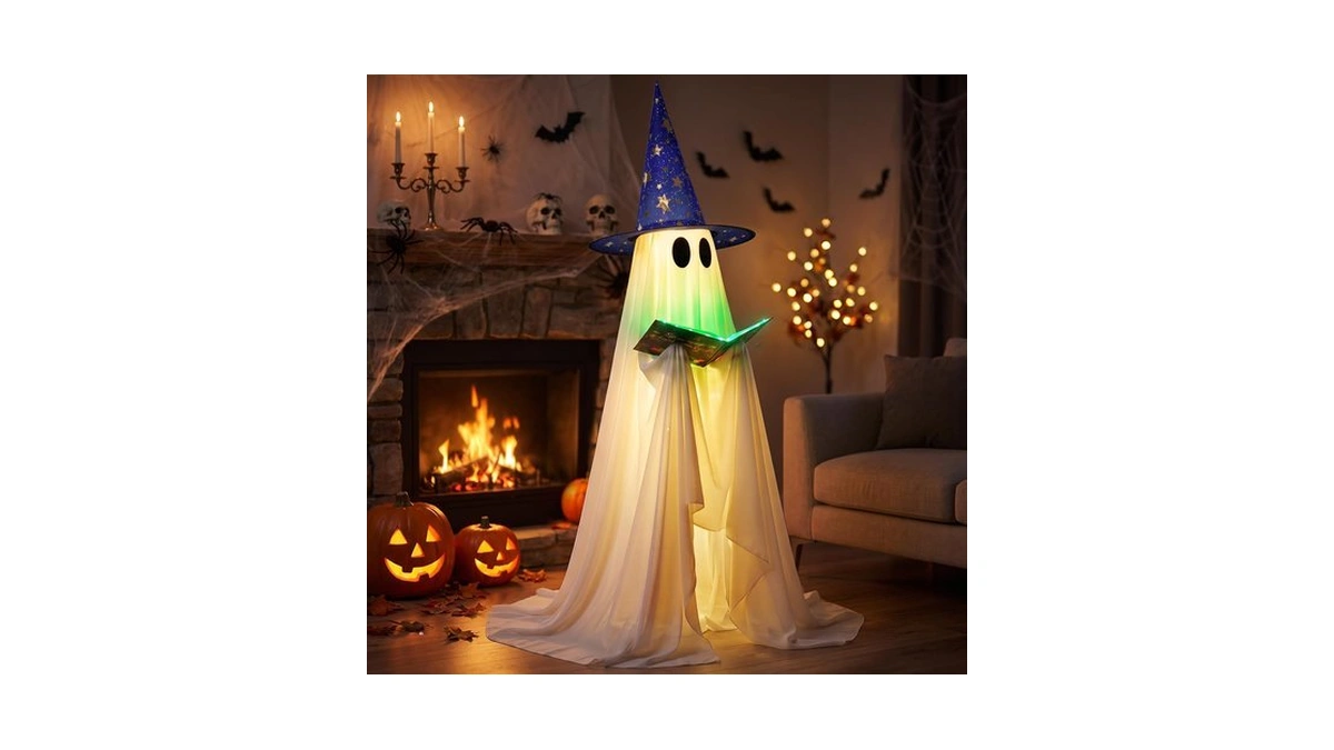 Halloween Ghost Decoration,53 Inch,with Witch Hat And Book,8 Lighting Modes
