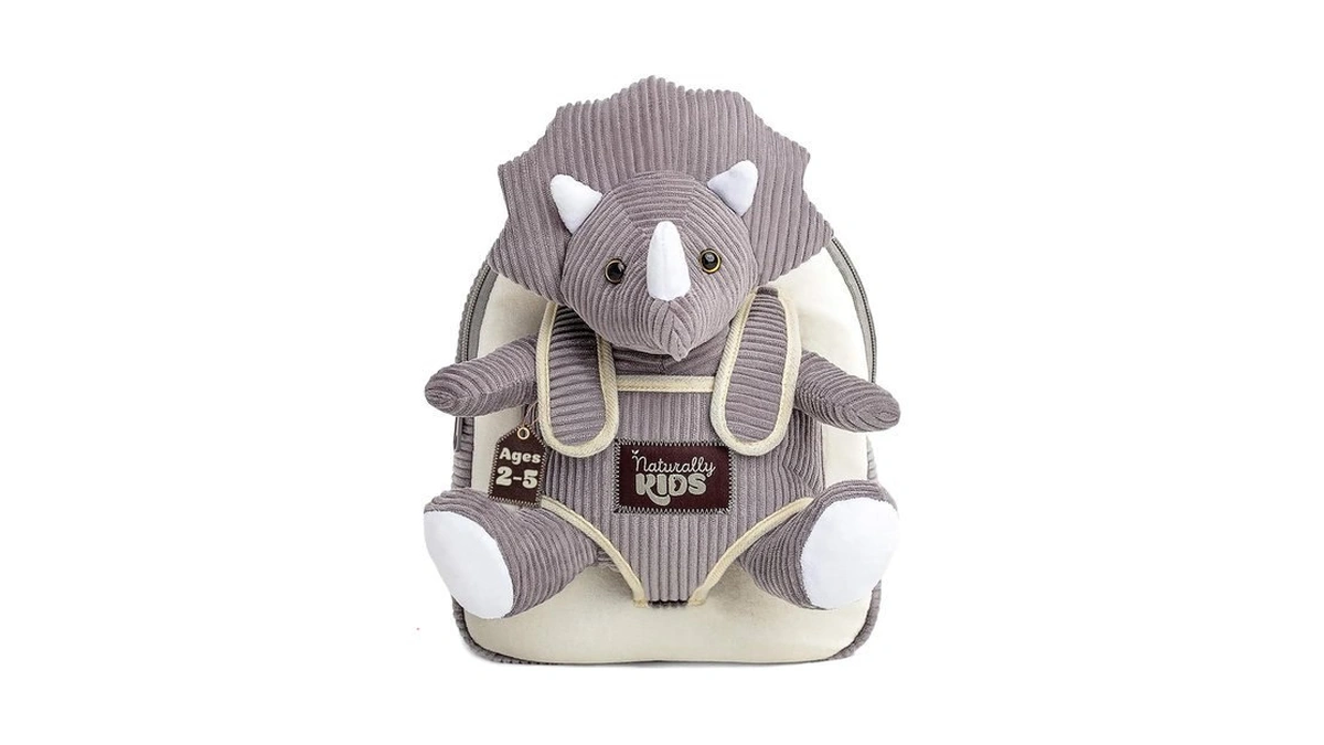 Naturally Kids Toddler Backpack W. Plush Grey Triceratops Toy Kids