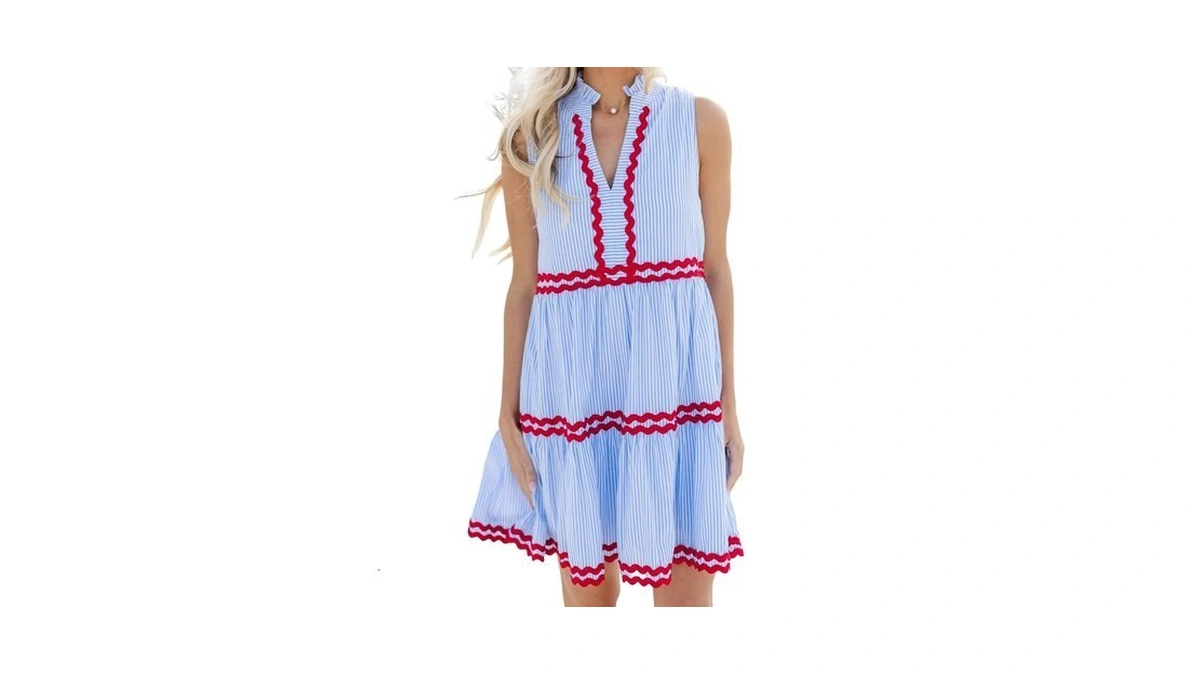 Kuraki Women's Sleeveless Striped Red Trim Tiered A-line Dress Light