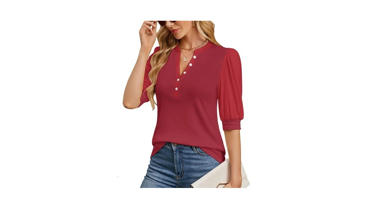 Ohhettm Summer Tops For Women Puff Sleeve Henley Tunic Dressy