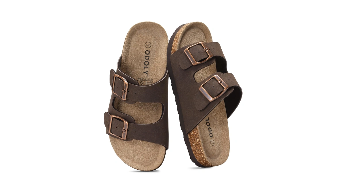 Odoly Kids Cork Footbed Slides Sandals Adjustable Buckle Summer Shoes