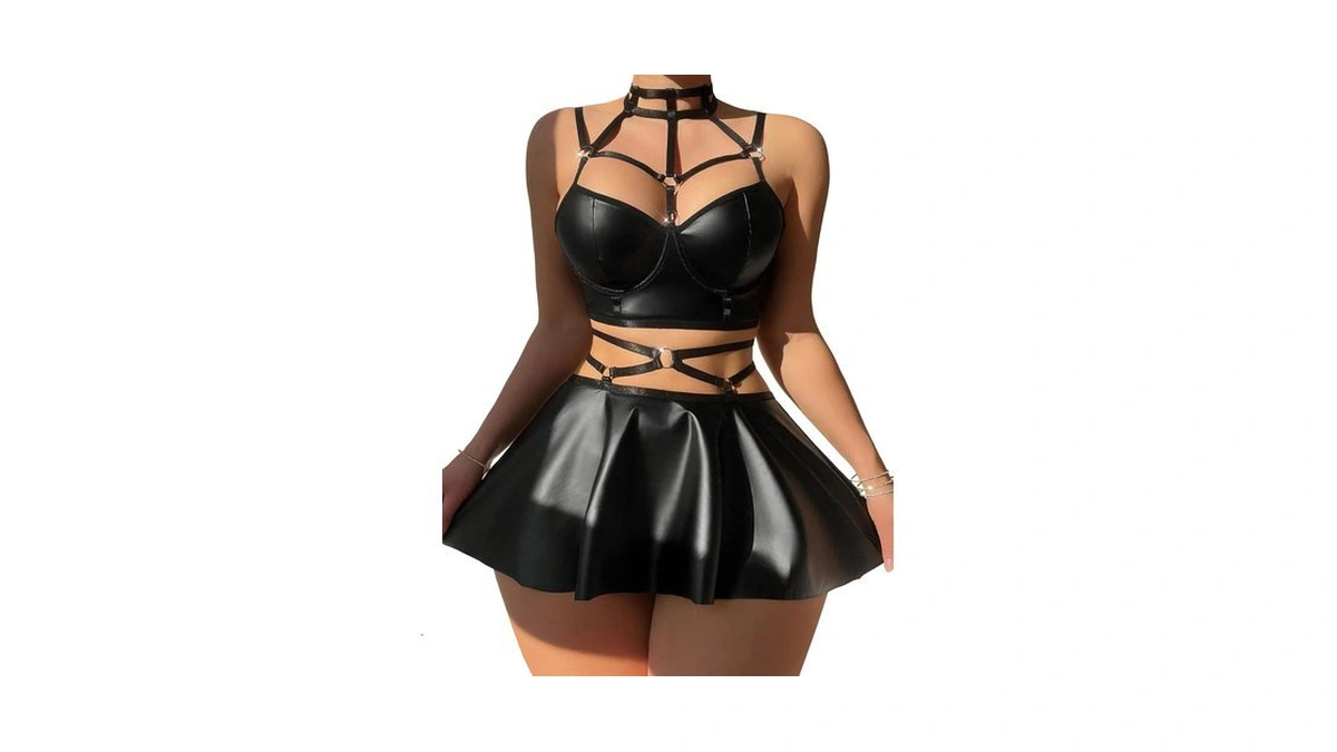 Foxiny Sexy Lingerie Set 3 Pcs Women Leather Skirt Outfit