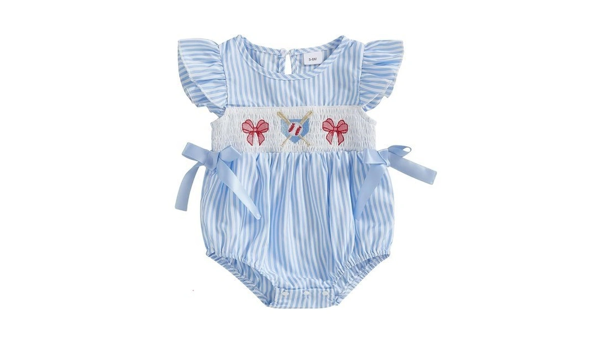 Licupiee Infant Girl Smocked Baseball Romper Newborn Baby Summer Clothes