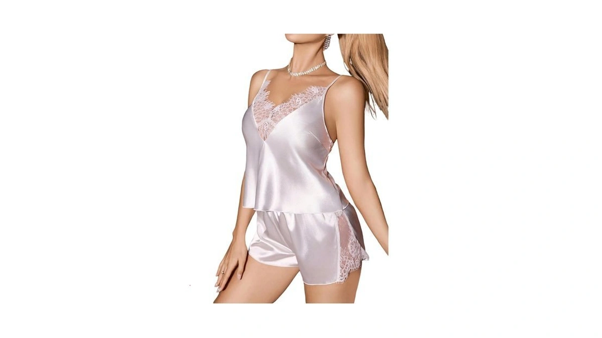 Winkbay Women's Satin Lace Trim Pajama Set Summer V Neck