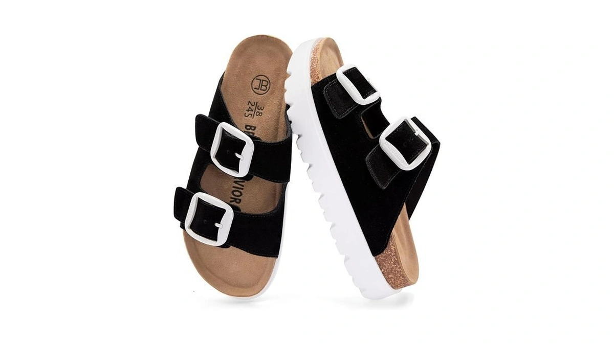 Women's Platform Leather Sandals Summer Slides With Adjustable Buckle