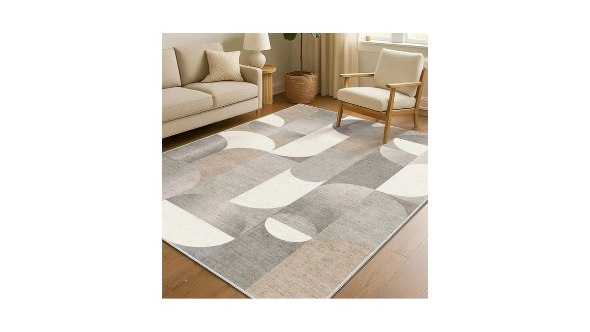 Castage Beige Rug 4x6.5 Washable Area Rugs For Bedroom Modern