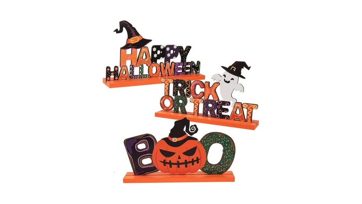 3pcs Vintage Halloween Decor Table Centerpiece - Wooden Craft Happy