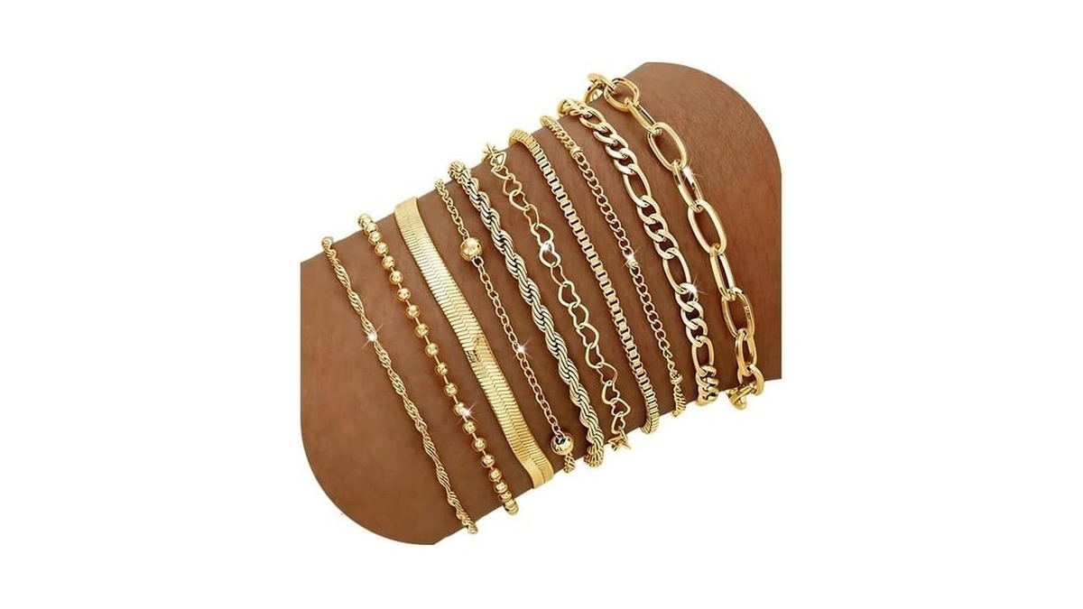 10 Pcs Gold Bracelets Set For Women, 14k Gold Plated