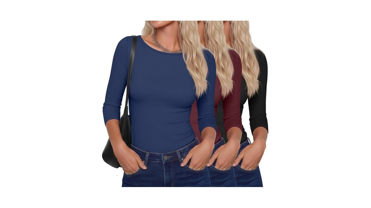 Ficerd 3 Pack Womens 3/4 Sleeve Cotton T Shirts, 3-color,