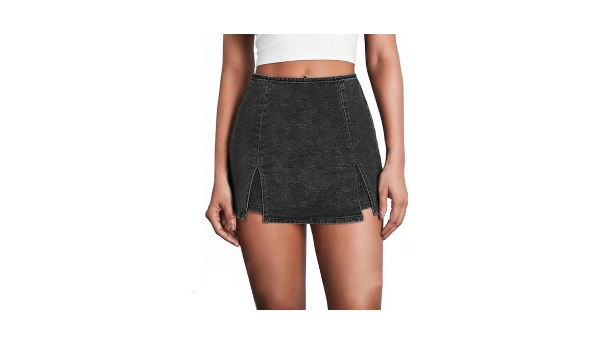 Avanova Women Double Slit Denim Skort Bodycon Mini Jean Skirt