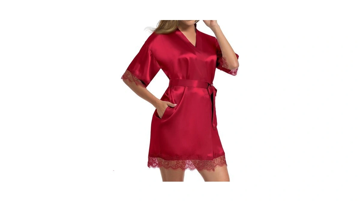 Women's Lace Trim Kimono Robe Bride Bridesmaids Wedding Shower Satin