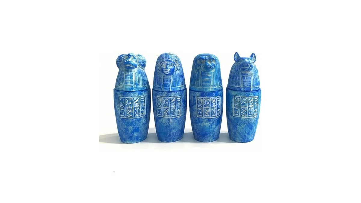 Coocoohen Egyptian Canopic Jars Set - 4 Blue Resin Figurines